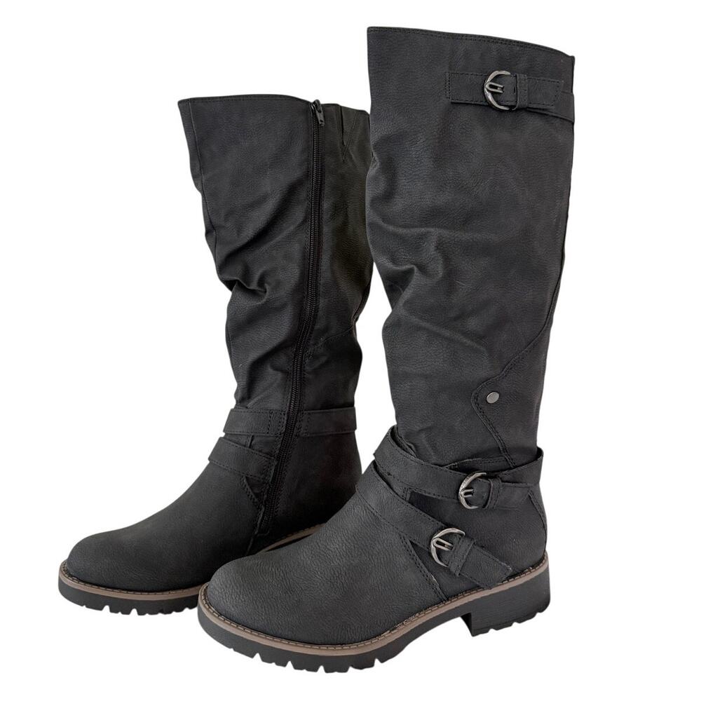 Sun Stone Gray Ruched Buckle Brinley Round Toe Block Heel Riding Boots 7.5 NEW
